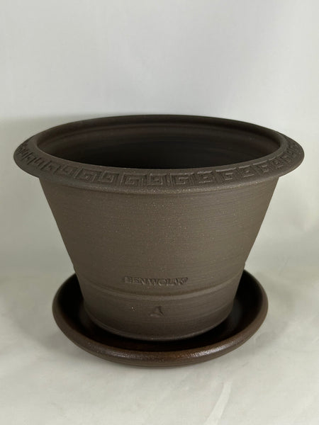 ZSPC1154-28 Ben Wolff #4 Half Pot in Dark Brown Clay. Sealed saucer with cork pads. 5.75”H x 8”W --- ONE OF A KIND