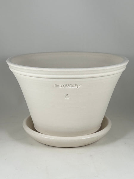 SPC1172-17 Ben Wolff #4 Half Pot in White Clay. Sealed #6 saucer with cork pads. 5.75"H x 9”W --- ONE OF A KIND