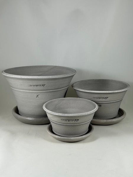 ZSPC1162-31 Ben Wolff Three Half Pots in Grey Finish. Sealed saucers with cork pads. --- ONE OF A KIND