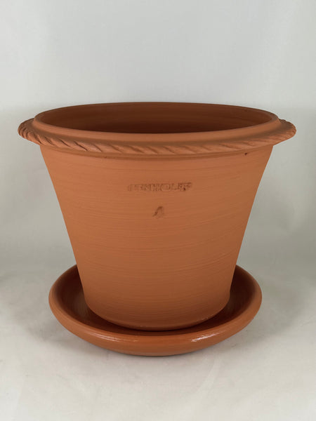 ZSPC1164-39 Ben Wolff #4 Half Pot in Red Terracotta. Sealed saucer with cork pads. 6.25”H x 8.25”W --- ONE OF A KIND