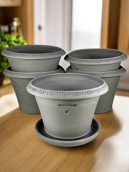 Ben Wolff #4 Greek Key Half Pot in Grey Finish.  Sealed #6 saucer with cork pads. 6”H x 8.5”W ---  MULTIPLE AVAILABLE