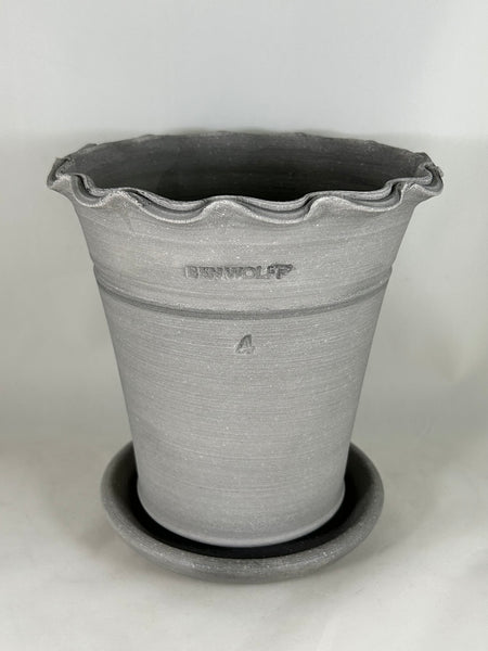 ZSPC1152-21 Ben Wolff #4 Scalloped Full Pot in Grey Finish. Sealed saucer with cork pads. 7.5”H x 7.25”W --- ONE OF A KIND