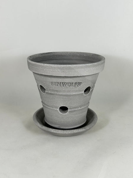 ZSPC1154-27 Ben Wolff #1 Orchid Full Pot in Grey Finish. Sealed saucer with felt pads. 4”H x 4.5”W --- ONE OF A KIND