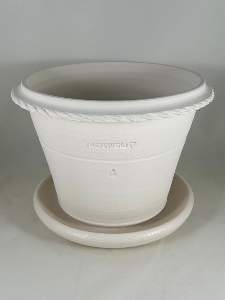 ZSPC1166-33 Ben Wolff #4 Half Pot in White Clay. Sealed saucer with cork pads. 6”H x 8.25”W --- ONE OF A KIND
