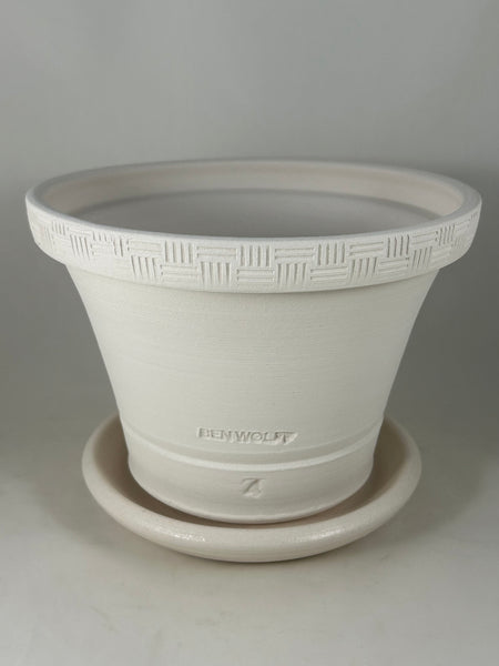 ZSPC1158-20 Ben Wolff #4 Half Pot in White Clay. Sealed saucer with cork pads. 6”H x 8.25”W --- ONE OF A KIND