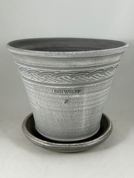 ZSPC1159-23 Ben Wolff #4 Half Pot in Antique Grey Finish. Sealed #6 saucer with cork pads. 6.75”H x 8.5”W --- ONE OF A KIND