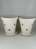 ZSPC1156-22 Ben Wolff Two #4 Orchid Full Pots in White Clay. Sealed saucers with cork pads. 7.25”H x 7”W --- ONE OF A KIND