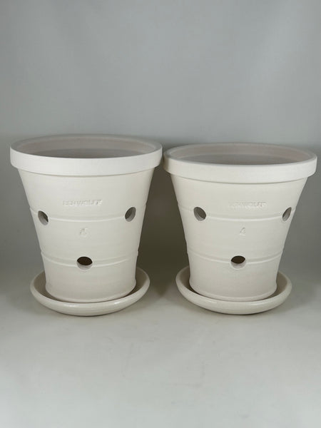 ZSPC1156-22 Ben Wolff Two #4 Orchid Full Pots in White Clay. Sealed saucers with cork pads. 7.25”H x 7”W --- ONE OF A KIND