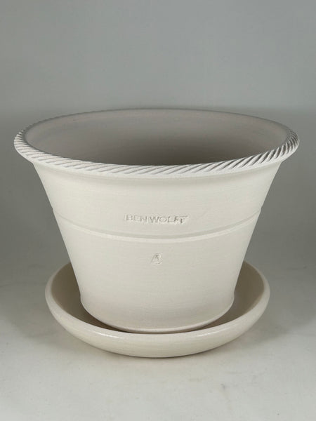 ZSPC1168-20 Ben Wolff #4 Half Pot in White Clay. Sealed #6 saucer with cork pads. 5.75”H x 8.25”W --- ONE OF A KIND