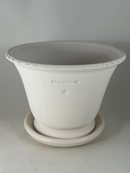 ZSPC1149-20 Ben Wolff #4 Half Pot in White Clay. Sealed saucer with cork pads. 6”H x 8.5”W --- ONE OF A KIND