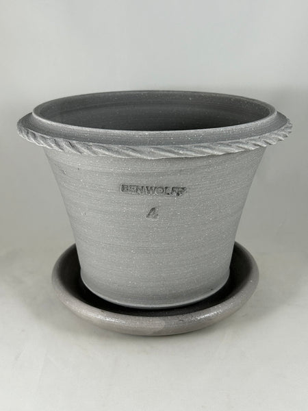 ZSPC1159-25 Ben Wolff #4 Half Pot in Grey Finish. Sealed saucer with cork pads. 6”H x 8.25”W --- ONE OF A KIND