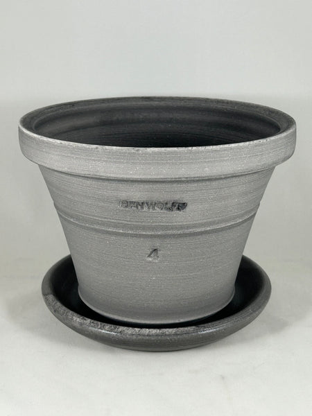 ZSPC1167-20 Ben Wolff #4 Half Pot in Grey Finish. Sealed #6 saucer with cork pads. 5.75”H x 8”W --- ONE OF A KIND