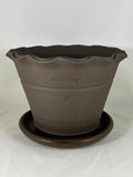 ZSPC1165-31 Ben Wolff #4 Scalloped Half Pot in Dark Brown Clay. Sealed saucer with cork pads. 5.5”H x 8”W --- ONE OF A KIND