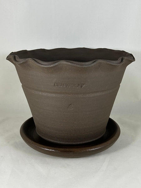 ZSPC1165-31 Ben Wolff #4 Scalloped Half Pot in Dark Brown Clay. Sealed saucer with cork pads. 5.5”H x 8”W --- ONE OF A KIND