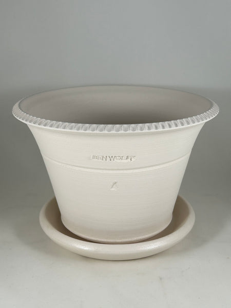 ZSPC1162-26 Ben Wolff #4 Half Pot in White Clay. Sealed #6 saucer with cork pads. 5.75”H x 8.75”W --- ONE OF A KIND