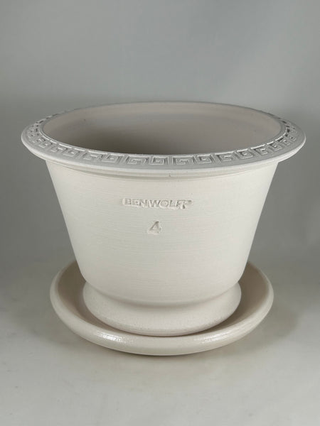 ZSPC1151-17 Ben Wolff #4 Greek Key Half Pot in White Clay. Sealed #6 saucer with cork pads. 5.75”H x 8”W --- ONE OF A KIND