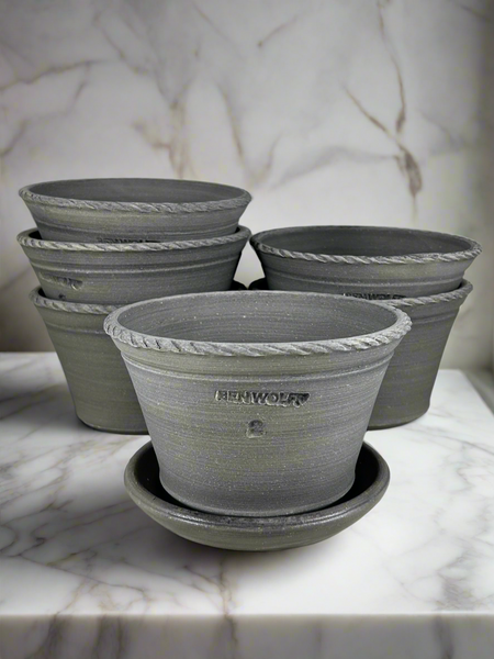 Ben Wolff #2 Roped Rim Half Pot in Grey Finish. Sealed #4 saucer with cork pads. 4”H x 6.5”W --- MULTIPLE AVAILABLE