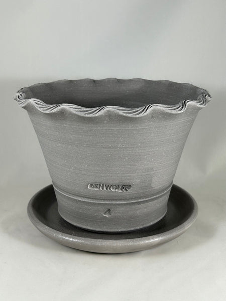 ZSPC1159-20 Ben Wolff #4 Roped Scallop in Grey Finish. Sealed #6 saucer with cork pads. 5.75”H x 8.25”W --- ONE OF A KIND