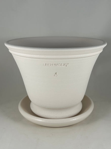 ZSPC1147-26 Ben Wolff #4 Half Pot in White Clay. Sealed saucer with cork pads. 6”H x 8.5”W --- ONE OF A KIND