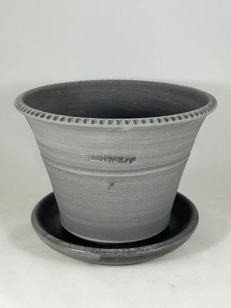 ZSPC1171-11 Ben Wolff #4 Half Pot in Grey Finish. Sealed #6 saucer with cork pads. 5.75”H x 8.25”W --- ONE OF A KIND