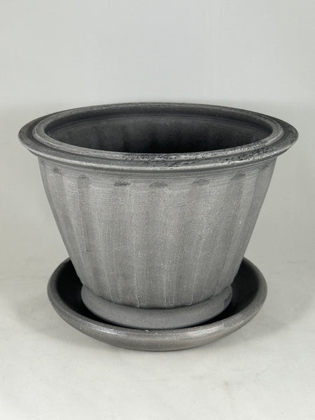 ZSPC1159-19 Ben Wolff #4 Half Pot in Grey Finish. Sealed #6 saucer with cork pads. 5.75”H x 8.25”W --- ONE OF A KIND