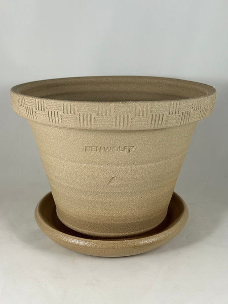 ZSPC1141-16 Ben Wolff #4 Half Pot in Tan Clay. Sealed saucer with cork pads. 5.5”H x 7.75”W --- ONE OF A KIND