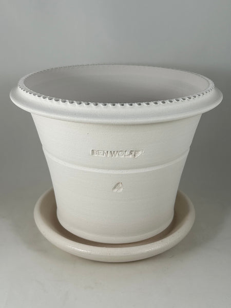ZSPC1156-21 Ben Wolff #4 Half Pot in White Clay. Sealed saucer with cork pads. 6.25”H x 8”W --- ONE OF A KIND