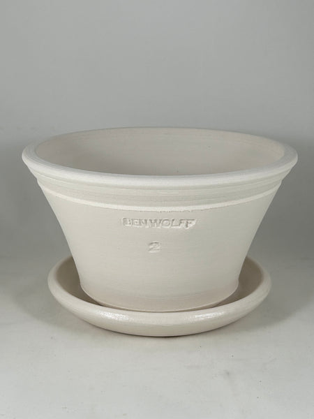 SPC1154-21 Ben Wolff #2 Half Pot in White Clay. Sealed #4 saucer with cork pads. 4”H x 7.25”W --- ONE OF A KIND