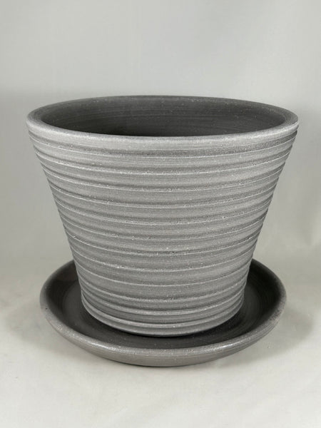 ZSPC1163-15 Ben Wolff #4 All Lines Half Pot in Grey Finish. Sealed #6 saucer with cork pads. 6”H x 7.5”W --- ONE OF A KIND