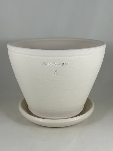 ZSPC1149-21 Ben Wolff #4 Half Pot in White Clay. Sealed saucer with cork pads. 6.25”H x 8.25”W --- ONE OF A KIND
