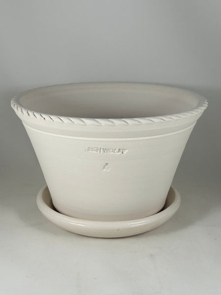 SPC1160-17 Ben Wolff #4 Half Pot in White Clay. Sealed #6 saucer with cork pads. 5.5”H x 9”W --- ONE OF A KIND