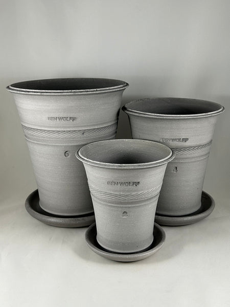 ZSPC1164-36 Ben Wolff Three Flower Pots in Grey Finish. Sealed saucers with cork pads. --- ONE OF A KIND