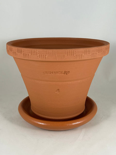 ZSPC1167-28 Ben Wolff #4 Half Pot in Red Terracotta. Sealed saucer with cork pads. 6”H x 8”W --- ONE OF A KIND