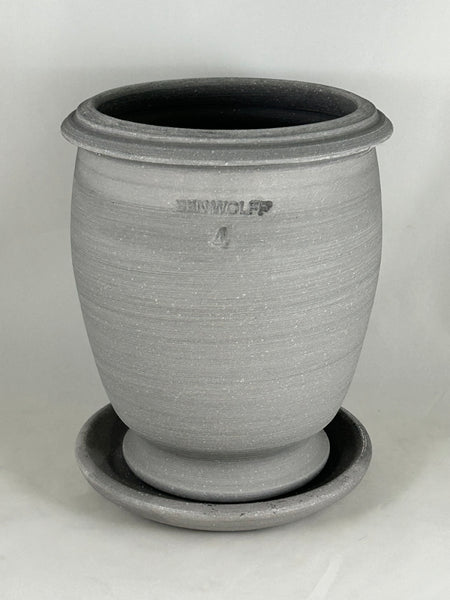 ZSPC1165-30 Ben Wolff #4 Flower Pot in Grey Finish. Sealed saucer with cork pads. 7.75”H x 6.25”W --- ONE OF A KIND