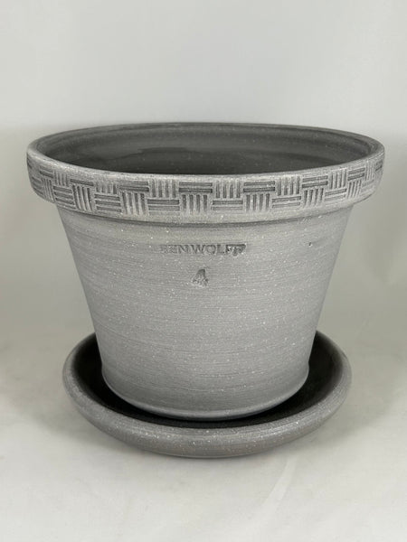 ZSPC1159-26 Ben Wolff #4 Half Pot in Grey Finish. Sealed saucer with cork pads. 6”H x 8”W --- ONE OF A KIND