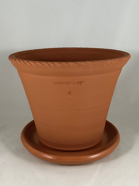 ZSPC1147-27 Ben Wolff #4 Half Pot in Red Terracotta. Sealed saucer with cork pads. 6.5”H x 8”W --- ONE OF A KIND