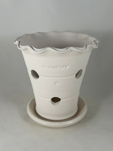 ZSPC1153-25 Ben Wolff #2 Orchid Pot in White Clay. Sealed saucer with felt pads. 6”H x 6”W --- ONE OF A KIND