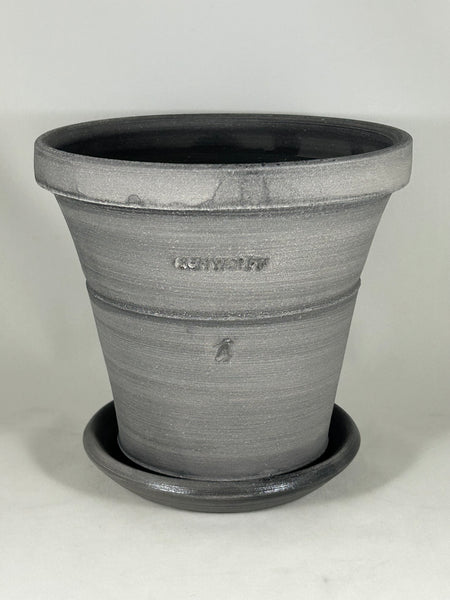 SPC1141-15 Ben Wolff #4 Flower Pot in Grey Finish. Sealed saucer with cork pads. 7”H x 7.5”W --- ONE OF A KIND