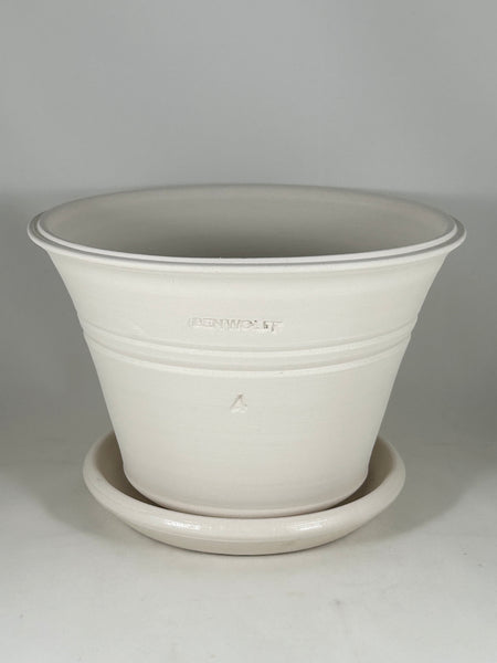 SPC1140-22 Ben Wolff #4 Half Pot in White Clay. Sealed #6 saucer with cork pads. 6”H x 9”W --- ONE OF A KIND