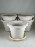 Ben Wolff #4 Greek Key Half Pot in White Clay. Sealed #6 saucer with cork pads. 6”H x 8.5”W --- MULTIPLE AVAILABLE