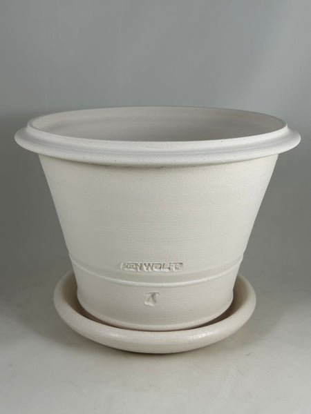ZSPC1167-25 Ben Wolff #4 Half Pot in White Clay. Sealed #6 saucer with cork pads. 6”H x 8.5”W --- ONE OF A KIND