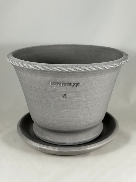 ZSPC1167-21 Ben Wolff #4 Roped Rim with a Foot in Grey Finish. Sealed #6 saucer with cork pads. 5.75”H x 8.25”W --- ONE OF A KIND