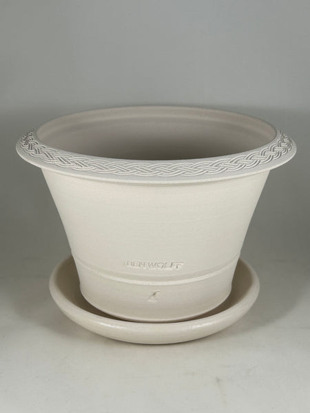 ZSPC1164-28 Ben Wolff #4 Half Pot in White Clay. Sealed #6 saucer with cork pads. 5.75”H x 8.5”W --- ONE OF A KIND