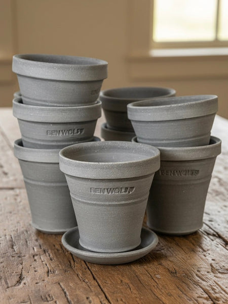 Ben Wolff #1 Full Pot in Grey Finish. Sealed saucer with felt pads. 4“H x 4”W --- MULTIPLE AVAILABLE