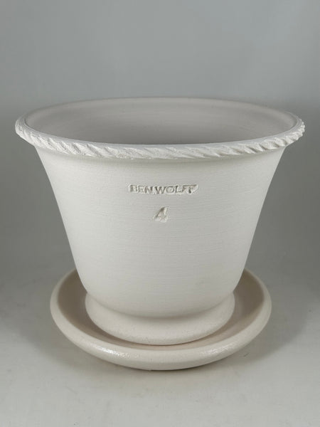 ZSPC1153-23 Ben Wolff #4 Half Pot in White Clay. Sealed #6 saucer with cork pads. 6.25”H x 8”W --- ONE OF A KIND