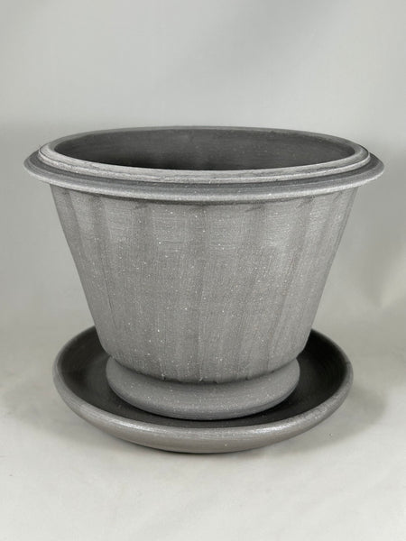 ZSPC1157-19 Ben Wolff #4 Roman Faceted Bowl in Grey Finish. Sealed #6 saucer with cork pads. 6”H x 8”W --- ONE OF A KIND