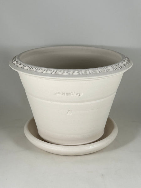 SPC1138-14 Ben Wolff #4 Half Pot in White Clay. Sealed #6 saucer with cork pads. 6”H x 8.5”W --- ONE OF A KIND