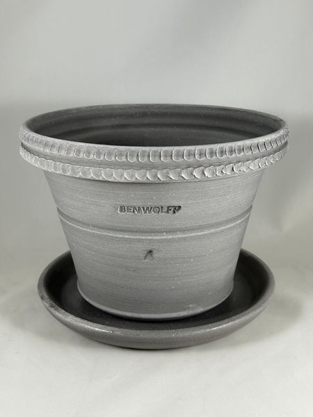 ZSPC1156-18 Ben Wolff #4 Dotted Rim Half Pot in Grey Finish. Sealed #6 saucer with cork pads. 5.75”H x 8.25”W --- ONE OF A KIND