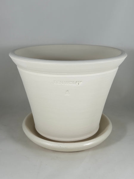 ZSPC1168-28 Ben Wolff #4 Half Pot in White Clay. Sealed saucer with cork pads. 6.25”H x 8”W --- ONE OF A KIND