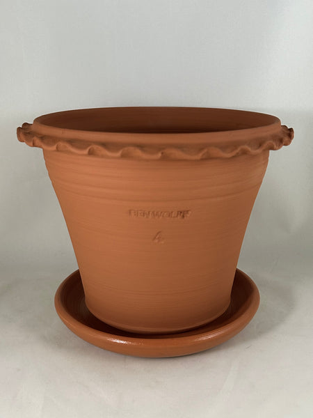ZSPC1158-22 Ben Wolff #4 Half Pot in Red Terracotta. Sealed saucer with cork pads. 6.5”H x 8.25”W --- ONE OF A KIND